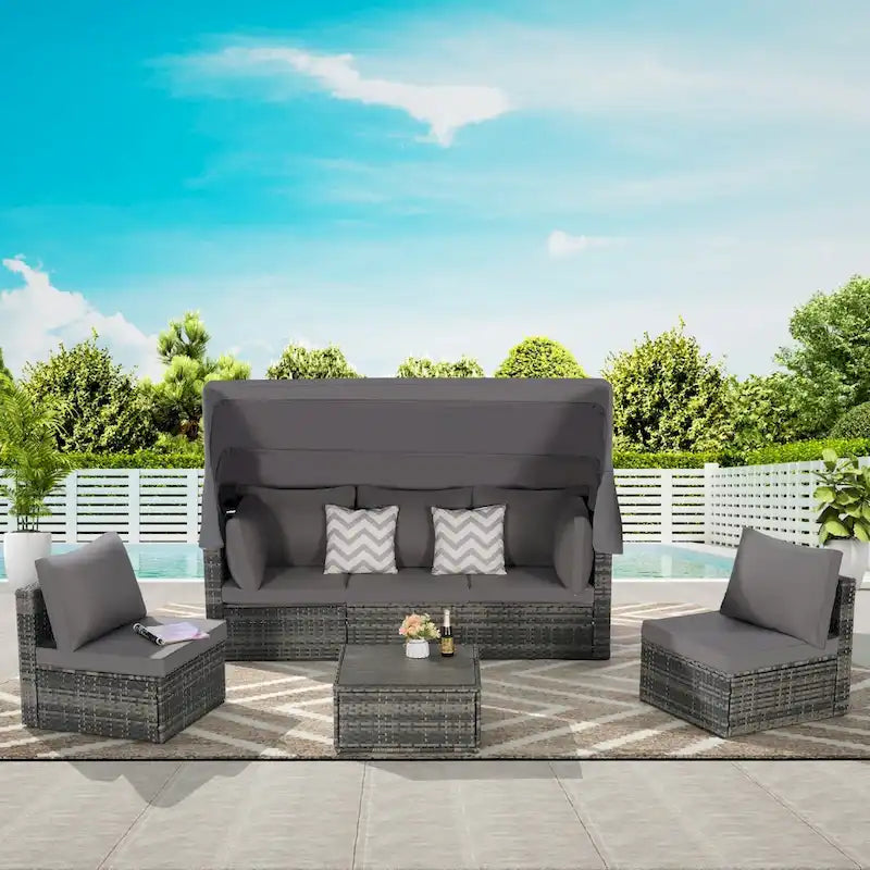 5-Piece Outdoor Patio Wicker Daybed Furniture Set with Retractable Canopy,Storable Side Table, and Soft Cushions