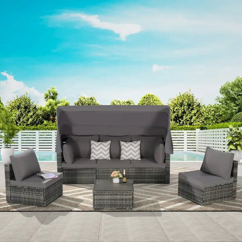 5-Piece Outdoor Patio Wicker Daybed Furniture Set with Retractable Canopy,Storable Side Table, and Soft Cushions