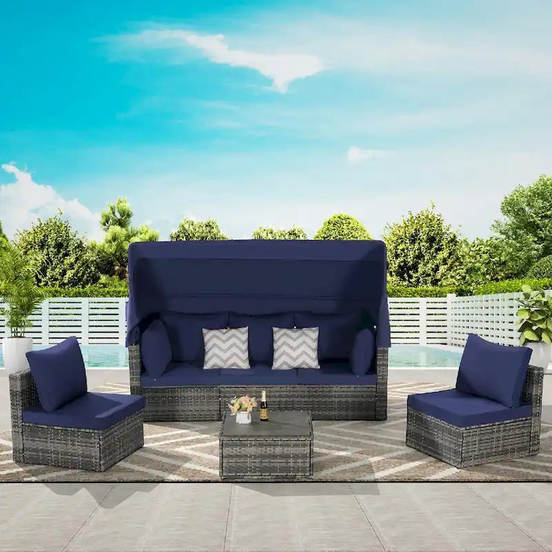 5-Piece Outdoor Patio Wicker Daybed Furniture Set with Retractable Canopy,Storable Side Table, and Soft Cushions
