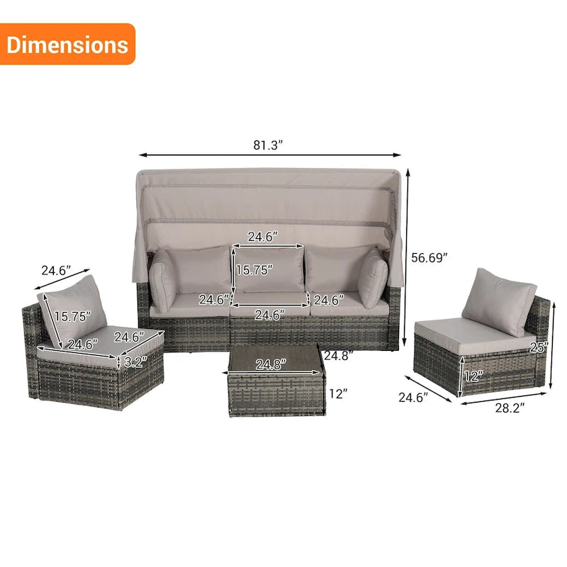 5-Piece Outdoor Patio Wicker Daybed Furniture Set with Retractable Canopy,Storable Side Table, and Soft Cushions
