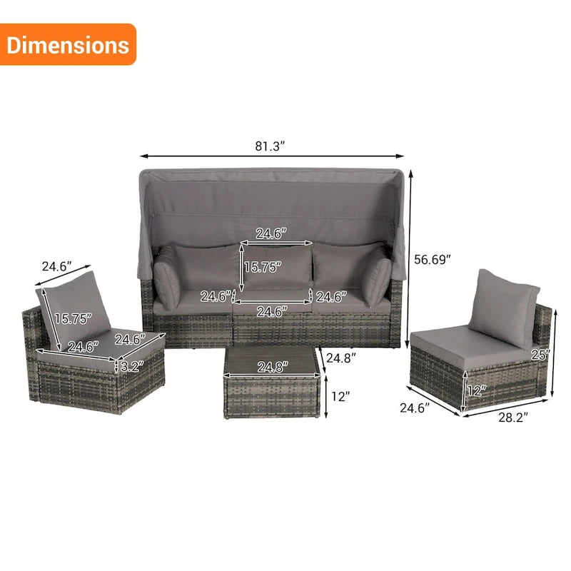 5-Piece Outdoor Patio Wicker Daybed Furniture Set with Retractable Canopy,Storable Side Table, and Soft Cushions