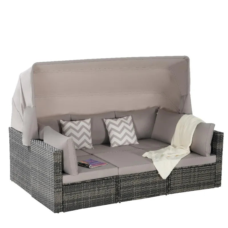 5-Piece Outdoor Patio Wicker Daybed Furniture Set with Retractable Canopy,Storable Side Table, and Soft Cushions