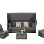 5-Piece Outdoor Patio Wicker Daybed Furniture Set with Retractable Canopy,Storable Side Table, and Soft Cushions