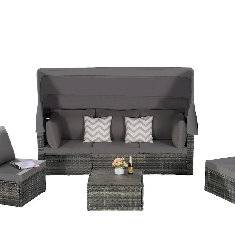 5-Piece Outdoor Patio Wicker Daybed Furniture Set with Retractable Canopy,Storable Side Table, and Soft Cushions