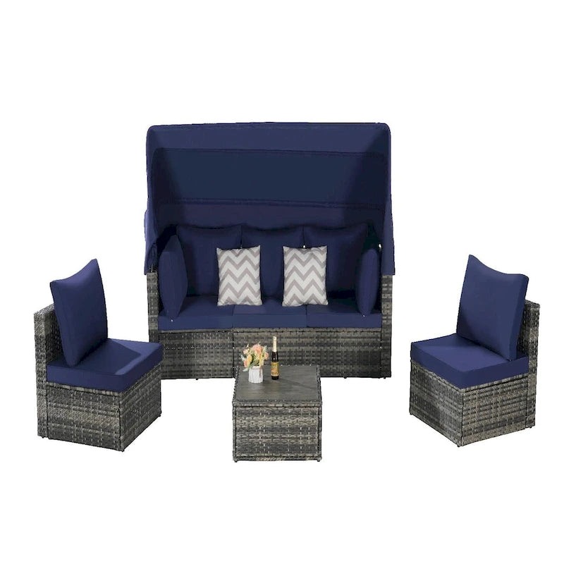 5-Piece Outdoor Patio Wicker Daybed Furniture Set with Retractable Canopy,Storable Side Table, and Soft Cushions