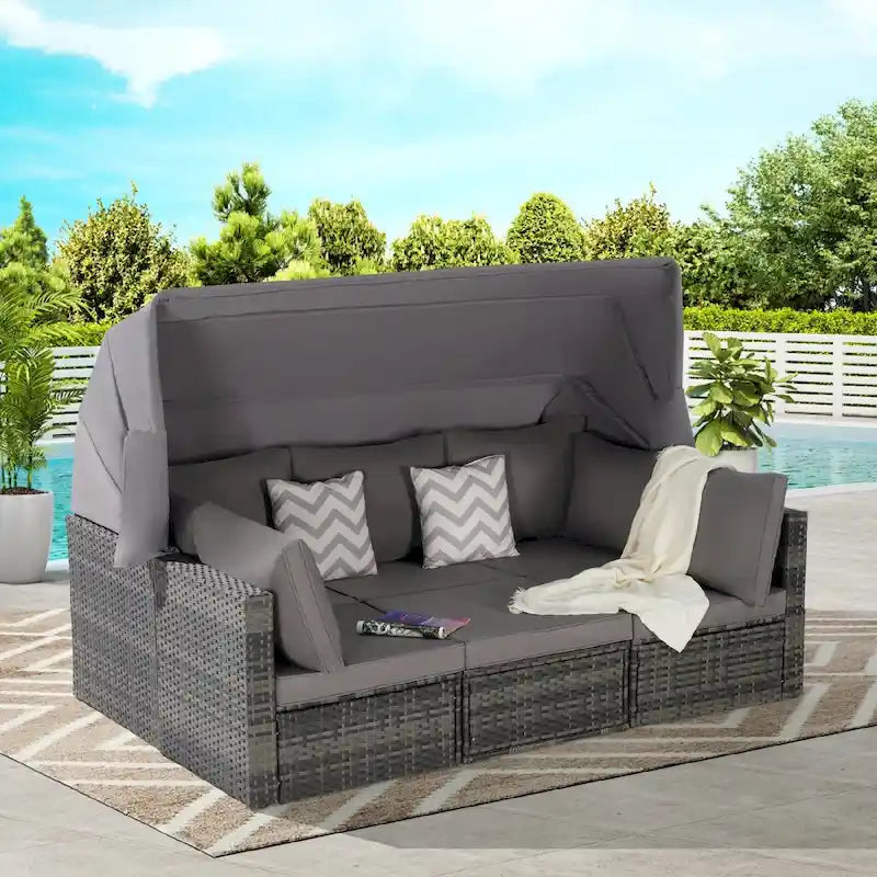5-Piece Outdoor Patio Wicker Daybed Furniture Set with Retractable Canopy,Storable Side Table, and Soft Cushions
