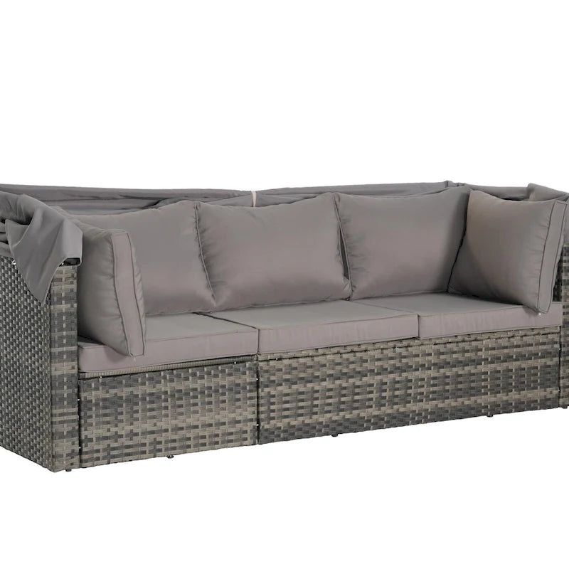5-Piece Outdoor Patio Wicker Daybed Furniture Set with Retractable Canopy,Storable Side Table, and Soft Cushions