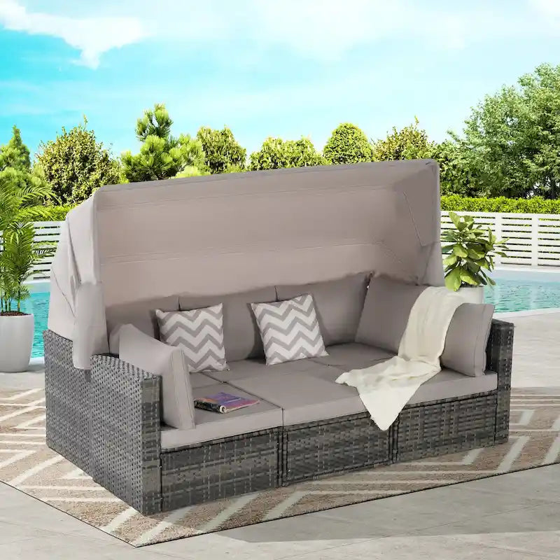 5-Piece Outdoor Patio Wicker Daybed Furniture Set with Retractable Canopy,Storable Side Table, and Soft Cushions
