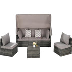 5-Piece Outdoor Patio Wicker Daybed Furniture Set with Retractable Canopy,Storable Side Table, and Soft Cushions