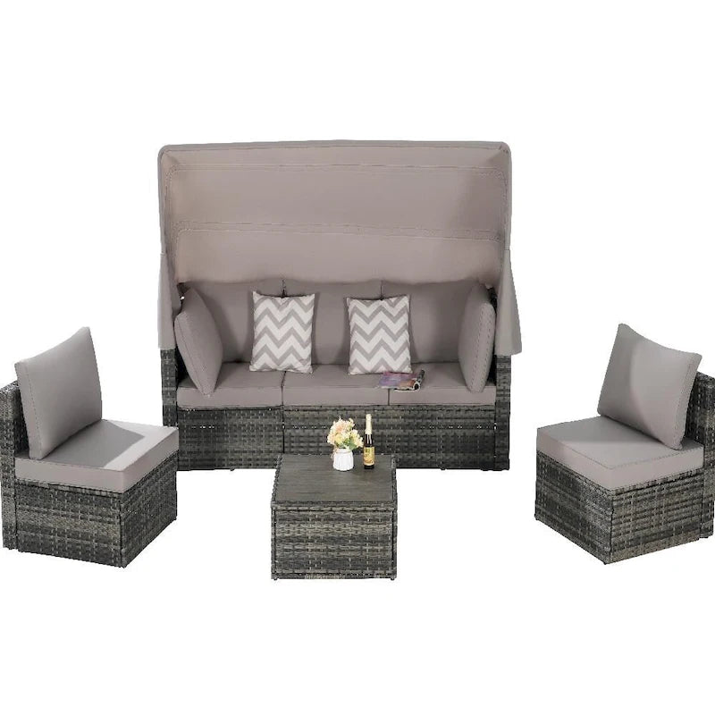 5-Piece Outdoor Patio Wicker Daybed Furniture Set with Retractable Canopy,Storable Side Table, and Soft Cushions
