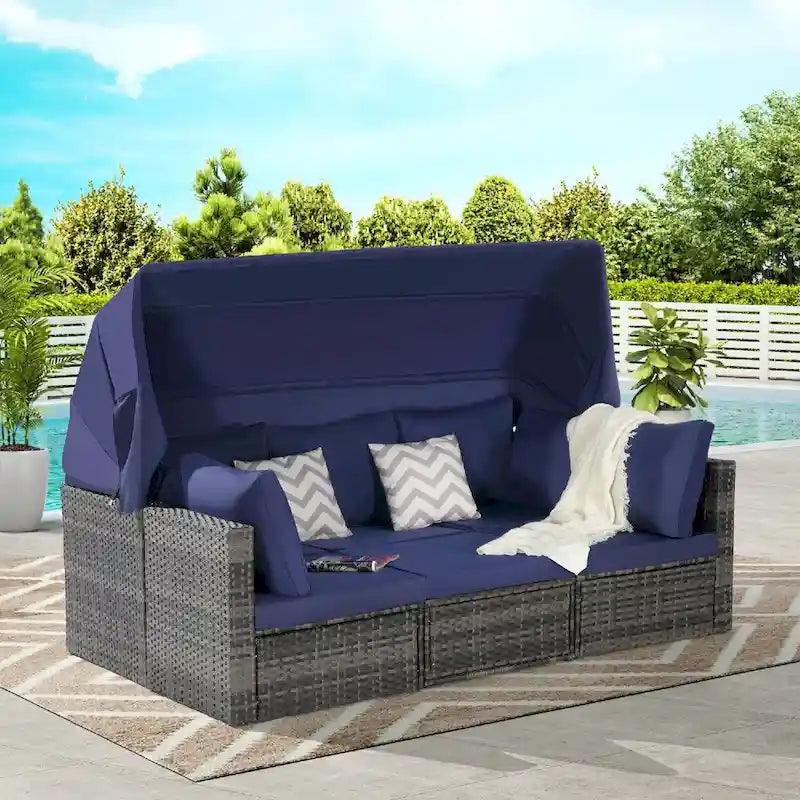 5-Piece Outdoor Patio Wicker Daybed Furniture Set with Retractable Canopy,Storable Side Table, and Soft Cushions