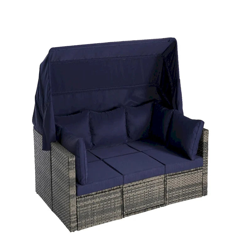 5-Piece Outdoor Patio Wicker Daybed Furniture Set with Retractable Canopy,Storable Side Table, and Soft Cushions