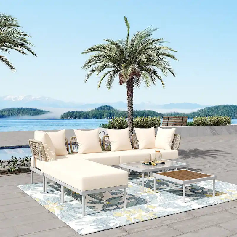 8-Piece Patio Sectional Sofa Set with Tempered Glass Coffee Table and Wooden Coffee Table