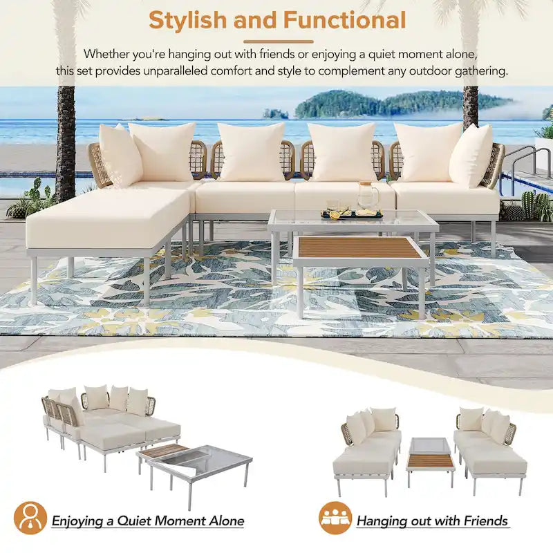 8-Piece Patio Sectional Sofa Set with Tempered Glass Coffee Table and Wooden Coffee Table