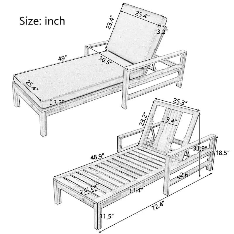 72.44W Acacia Wood Adjustable Backrest Outdoor Lounge Chair - N/A
