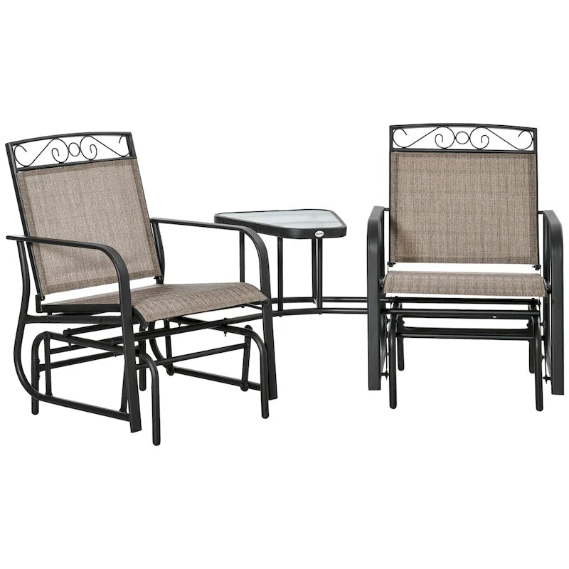 Outdoor Glider Chairs with Coffee Table, Patio 2-Seat Rocking Chair Swing with Breathable Sling for Backyard, Garden, Porch
