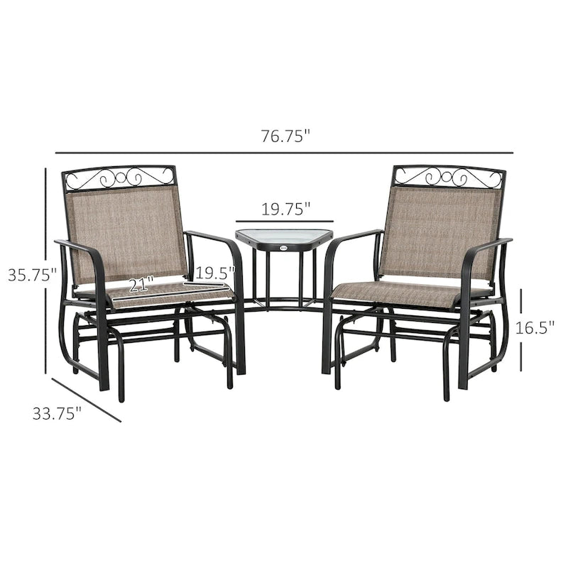 Outdoor Glider Chairs with Coffee Table, Patio 2-Seat Rocking Chair Swing with Breathable Sling for Backyard, Garden, Porch
