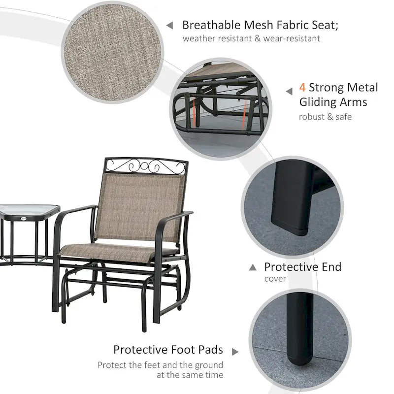 Outdoor Glider Chairs with Coffee Table, Patio 2-Seat Rocking Chair Swing with Breathable Sling for Backyard, Garden, Porch