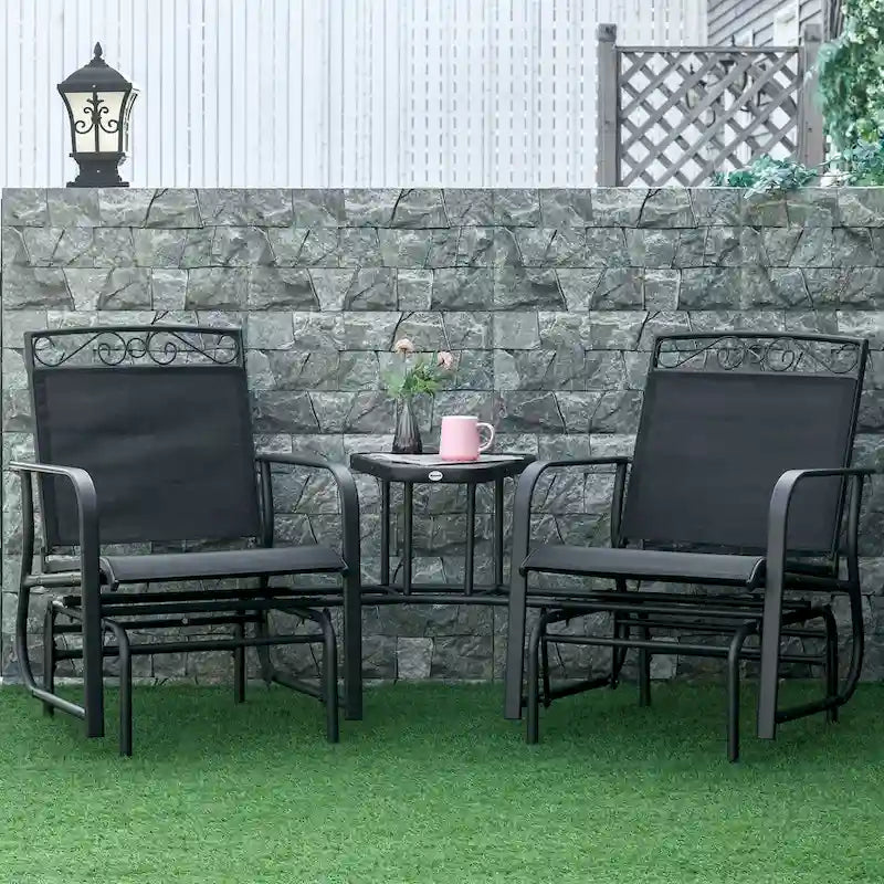 Outdoor Glider Chairs with Coffee Table, Patio 2-Seat Rocking Chair Swing with Breathable Sling for Backyard, Garden, Porch