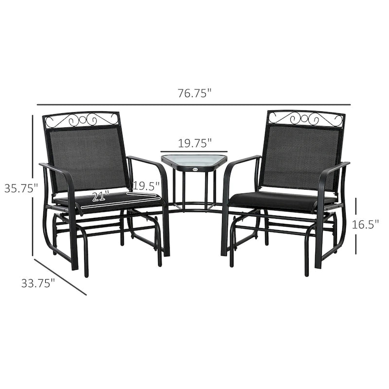 Outdoor Glider Chairs with Coffee Table, Patio 2-Seat Rocking Chair Swing with Breathable Sling for Backyard, Garden, Porch