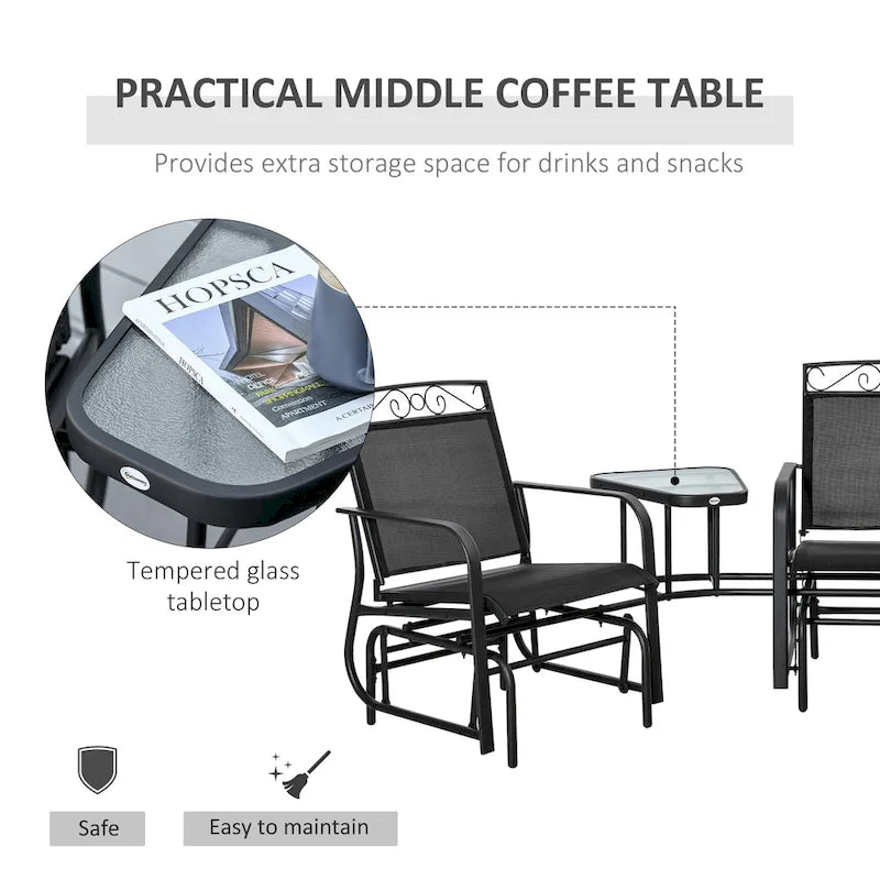 Outdoor Glider Chairs with Coffee Table, Patio 2-Seat Rocking Chair Swing with Breathable Sling for Backyard, Garden, Porch