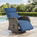 Pocassy Outdoor All-Weather Brown Wicker Chaise Lounge Chair Blue Cushion