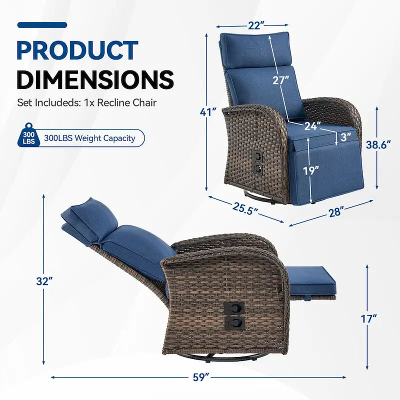 Pocassy Outdoor All-Weather Brown Wicker Chaise Lounge Chair Blue Cushion