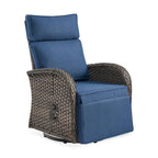 Pocassy Outdoor All-Weather Brown Wicker Chaise Lounge Chair Blue Cushion