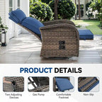 Pocassy Outdoor All-Weather Brown Wicker Chaise Lounge Chair Blue Cushion