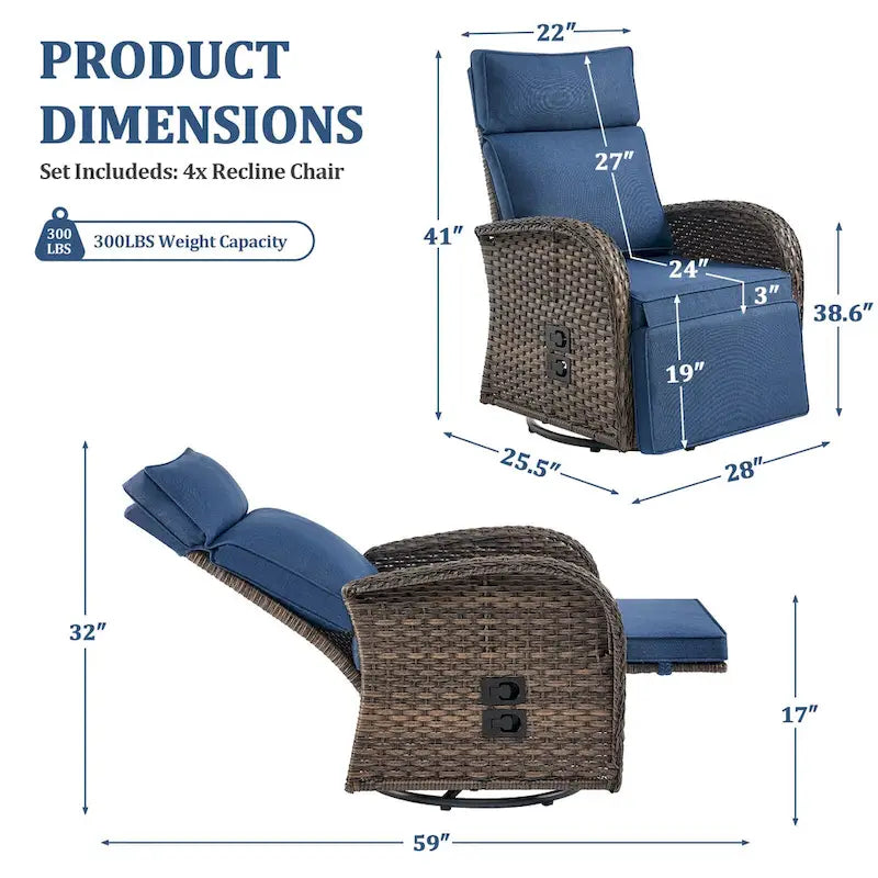 Pocassy 4PCS Versatile Outdoor Recliner Chair with Blue Cushion