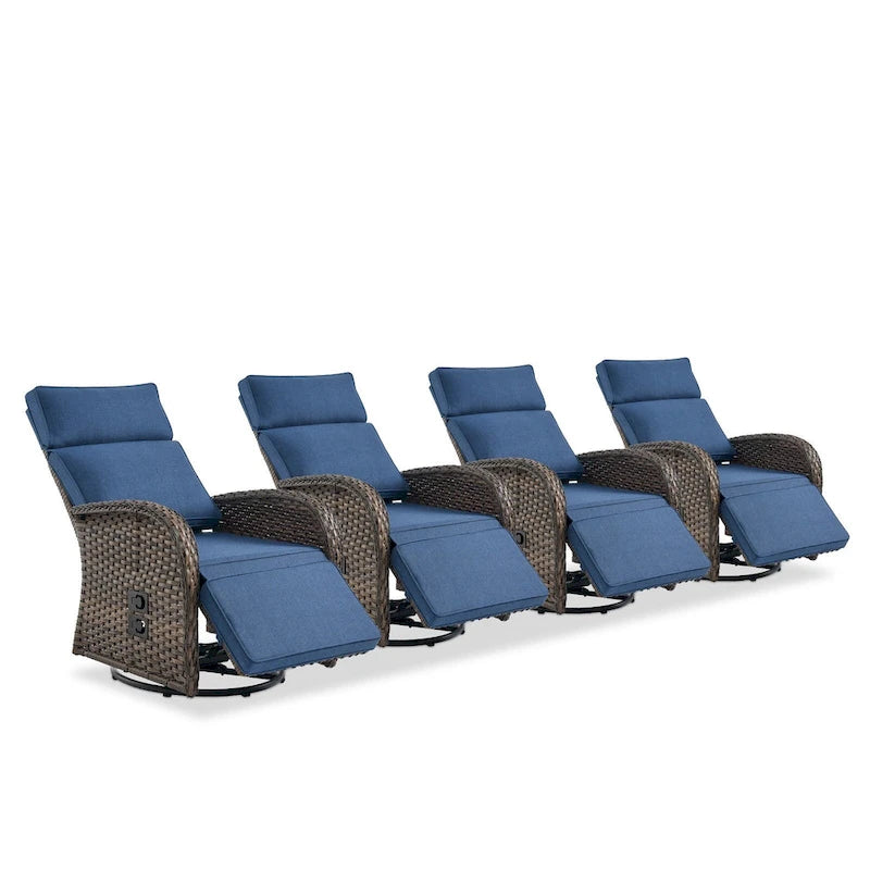 Pocassy 4PCS Versatile Outdoor Recliner Chair with Blue Cushion