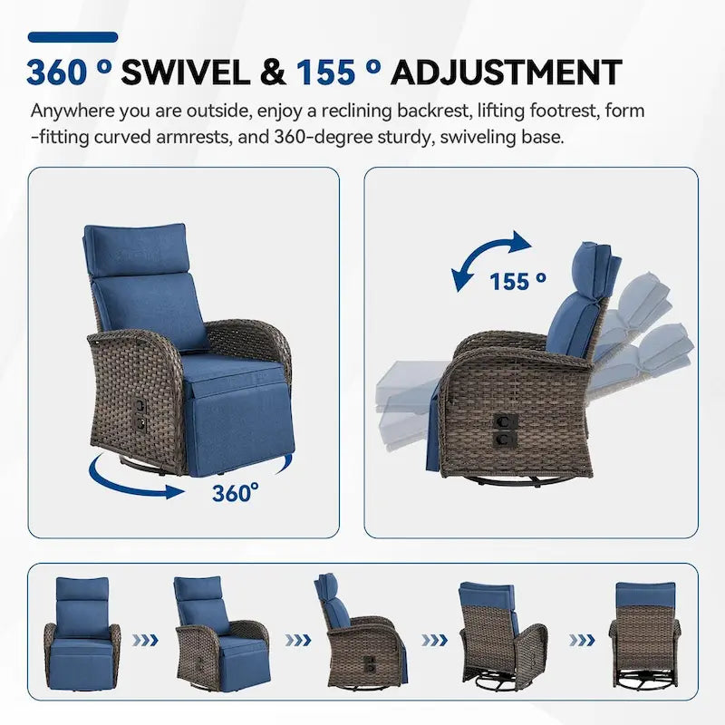 Pocassy 4PCS Versatile Outdoor Recliner Chair with Blue Cushion