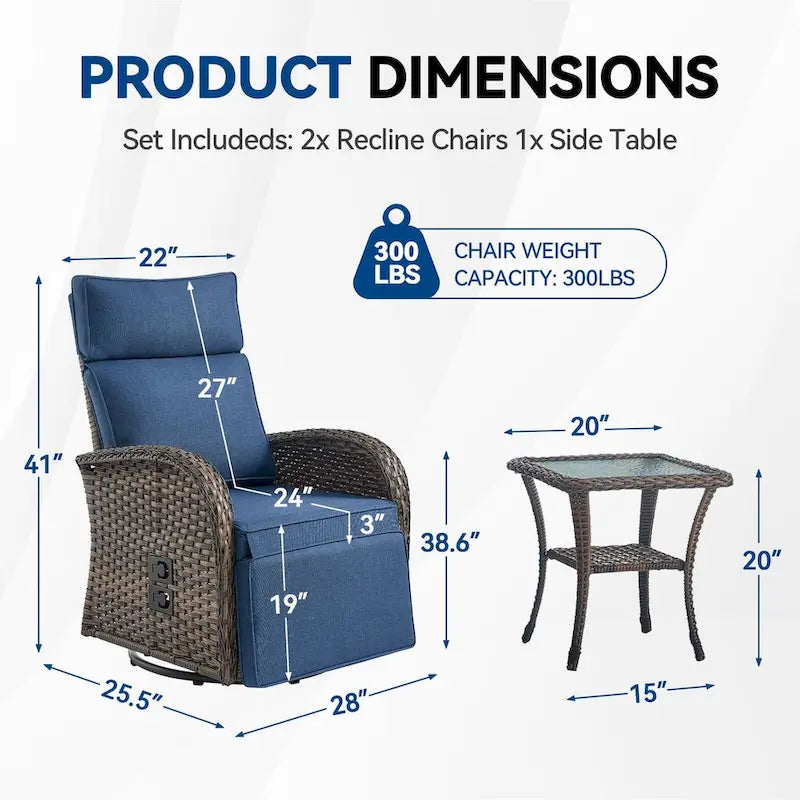 Pocassy 2PCS Versatile Outdoor Recliner Chair Blue Cushion