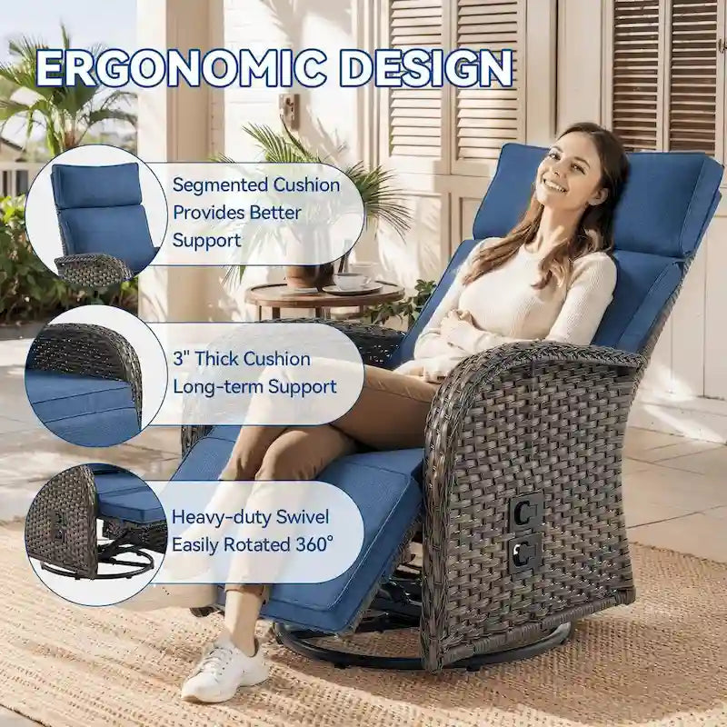 Pocassy 2PCS Versatile Outdoor Recliner Chair Blue Cushion