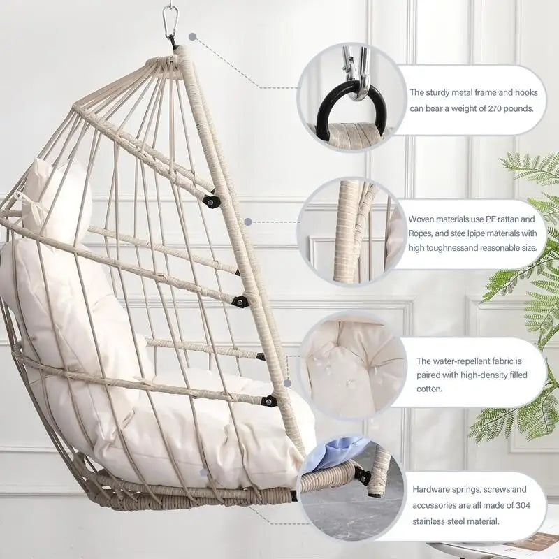 Rattan Egg Swing Chair  PE Wicker Hanging Chair For Garden, Patio & Outdoor Relaxation - 28.34in. W X40.50in.DX22.00in. H