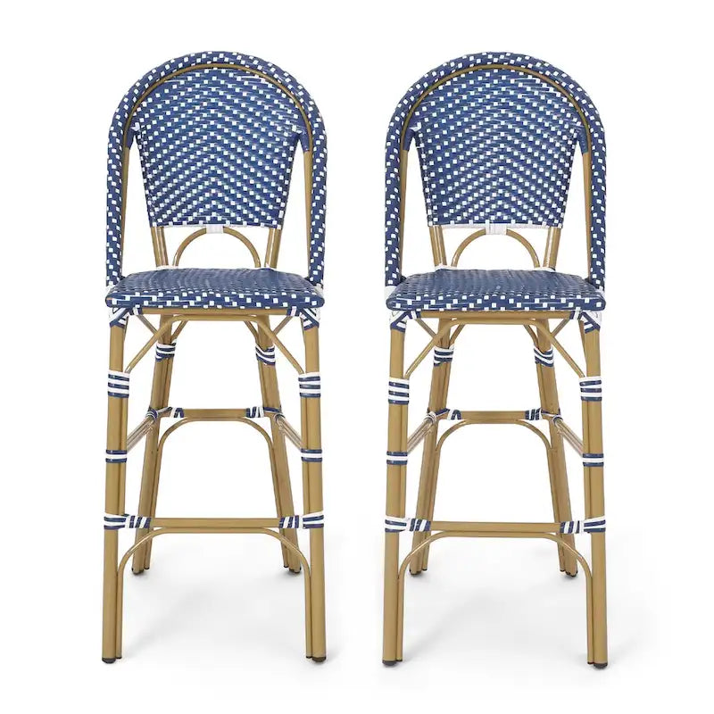 Meso Outdoor Barstool Chair Set of 2, White Blue Wicker Woven, Brown