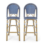Meso Outdoor Barstool Chair Set of 2, White Blue Wicker Woven, Brown