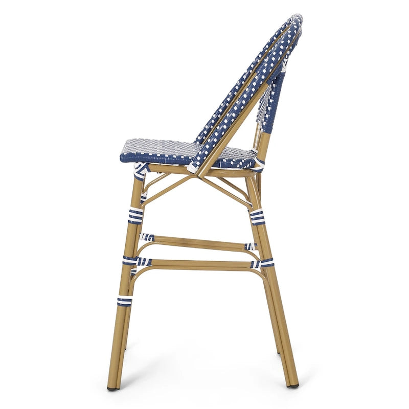 Meso Outdoor Barstool Chair Set of 2, White Blue Wicker Woven, Brown
