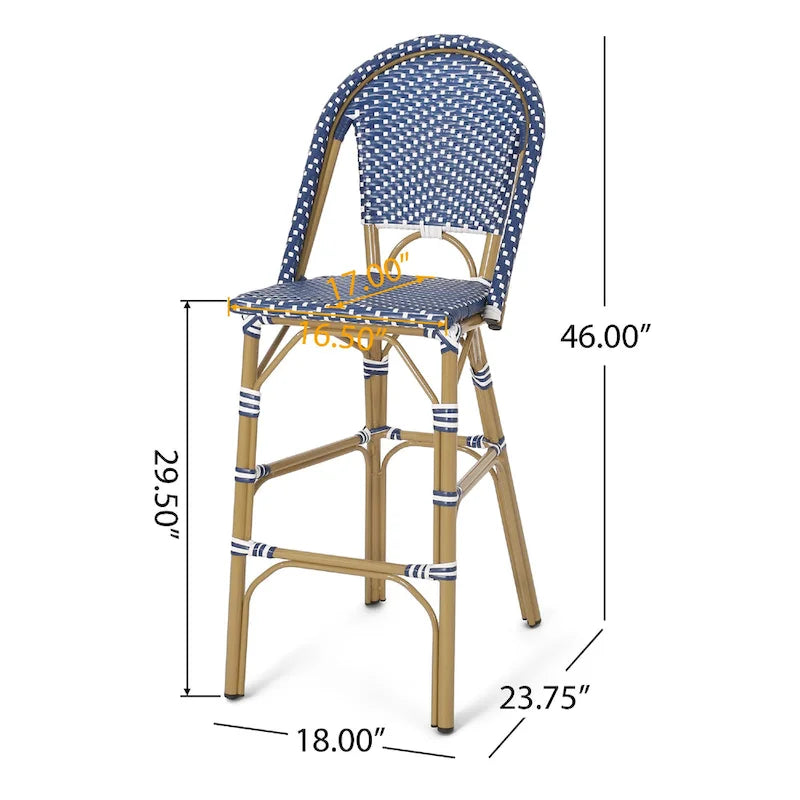 Meso Outdoor Barstool Chair Set of 2, White Blue Wicker Woven, Brown