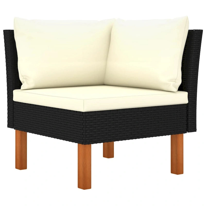3pc Outdoor Modular Corner Sofa Set, Black Poly Rattan Ivory Polyester