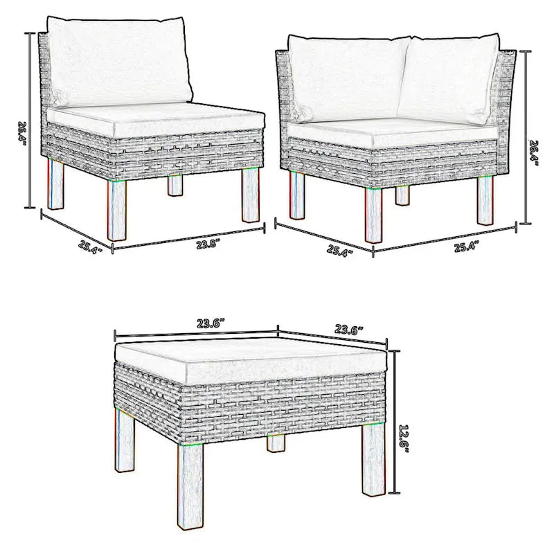 3pc Outdoor Modular Corner Sofa Set, Black Poly Rattan Ivory Polyester