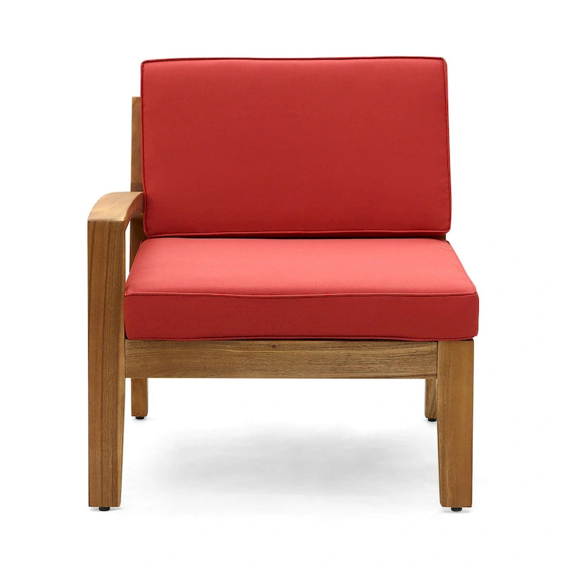 Outdoor L-Sectional Sofa with Coffee Table, Ottoman, Acacia Wood, Red