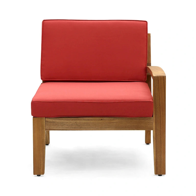 Outdoor L-Sectional Sofa with Coffee Table, Ottoman, Acacia Wood, Red