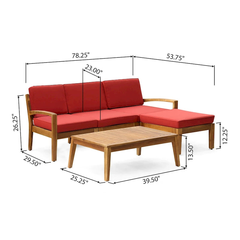 Outdoor L-Sectional Sofa with Coffee Table, Ottoman, Acacia Wood, Red