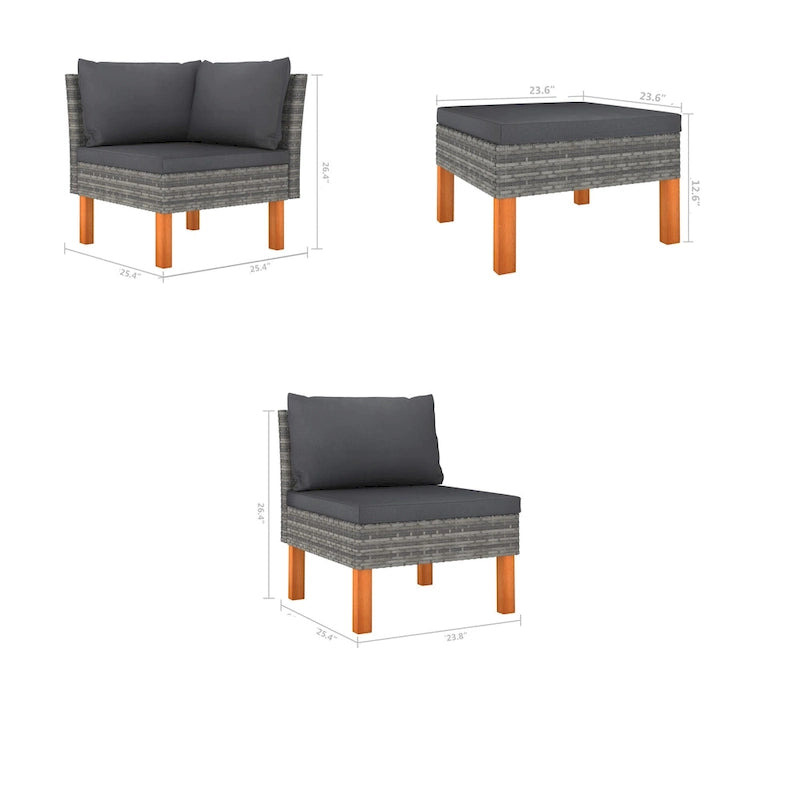 Feno 4pc Outdoor Modular Lounge Sofa Set, 2 Ottomans, Dark Gray Rattan