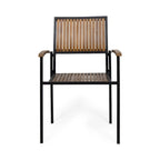 Side Dining Chair Set of 2, Outdoor Slatted Brown Acacia Wood, Black Iron