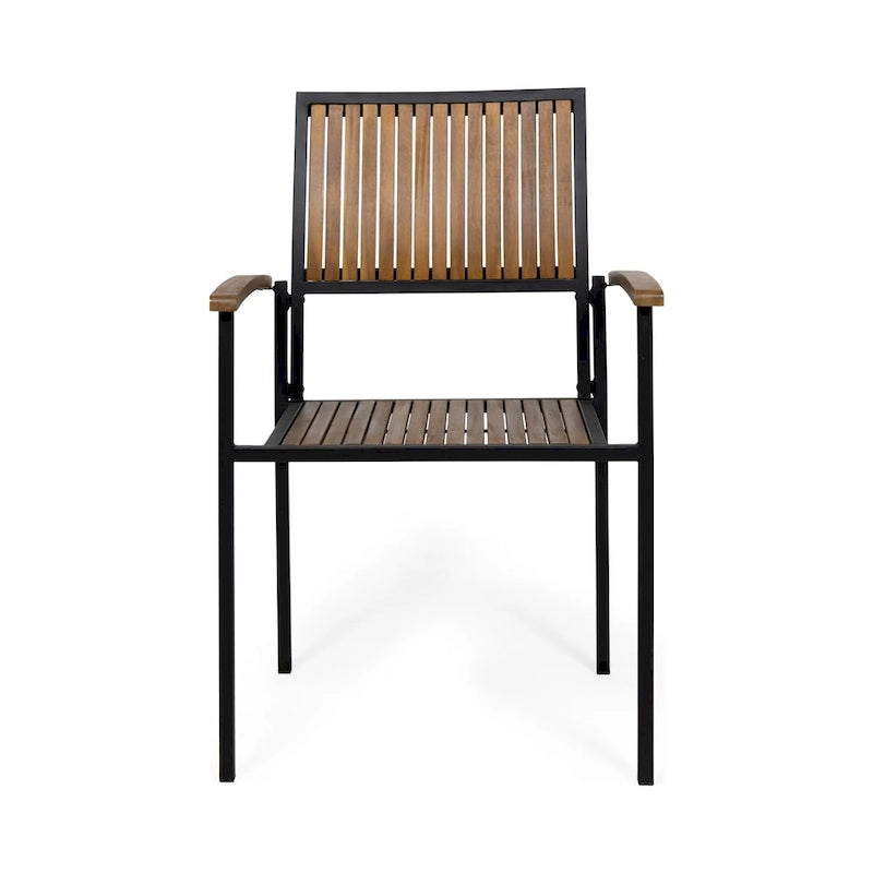 Side Dining Chair Set of 2, Outdoor Slatted Brown Acacia Wood, Black Iron