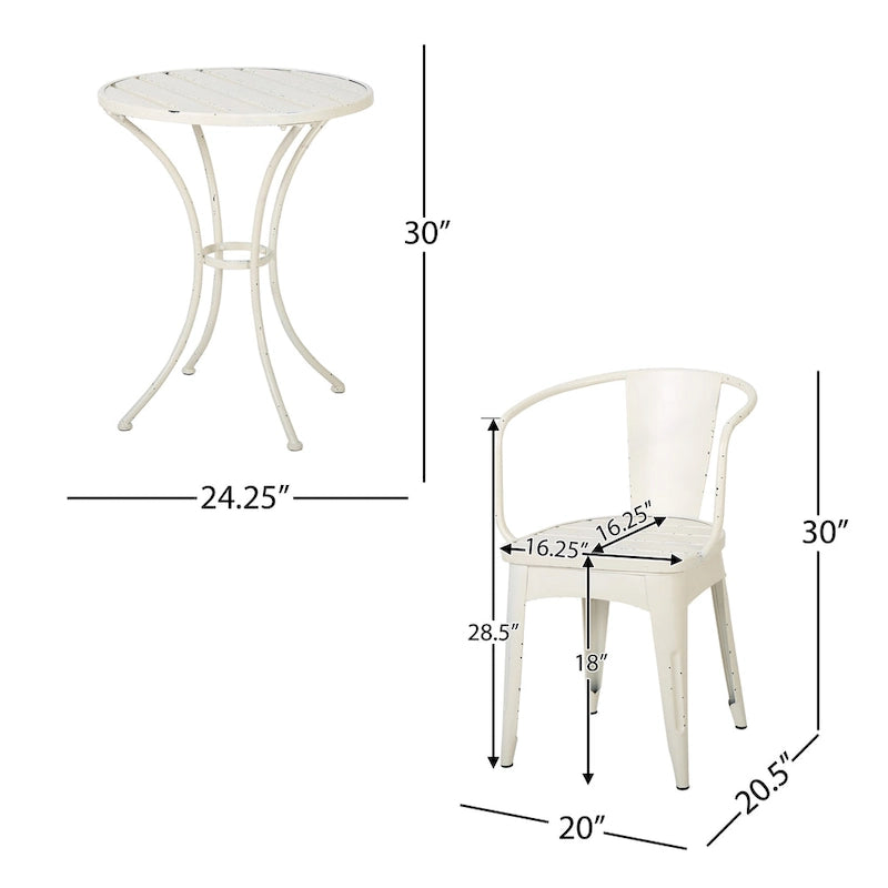 Rune 3 Piece Outdoor Dining Set, 1 Round Table, 2 Chairs, White Iron