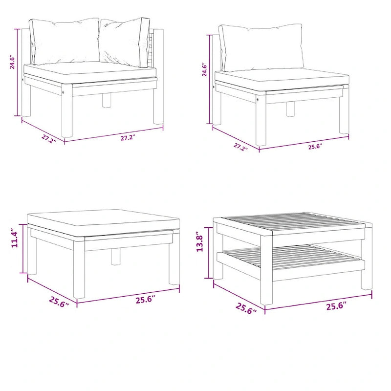 Outdoor 5pc Modular Sofa Set, Slatted Coffee Table, Brown Acacia Wood