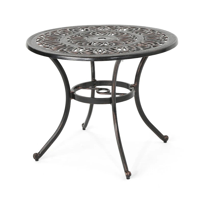 Shaili Outdoor Dining Table, Round 35 Inch Shiny Coppertone Cast Aluminum